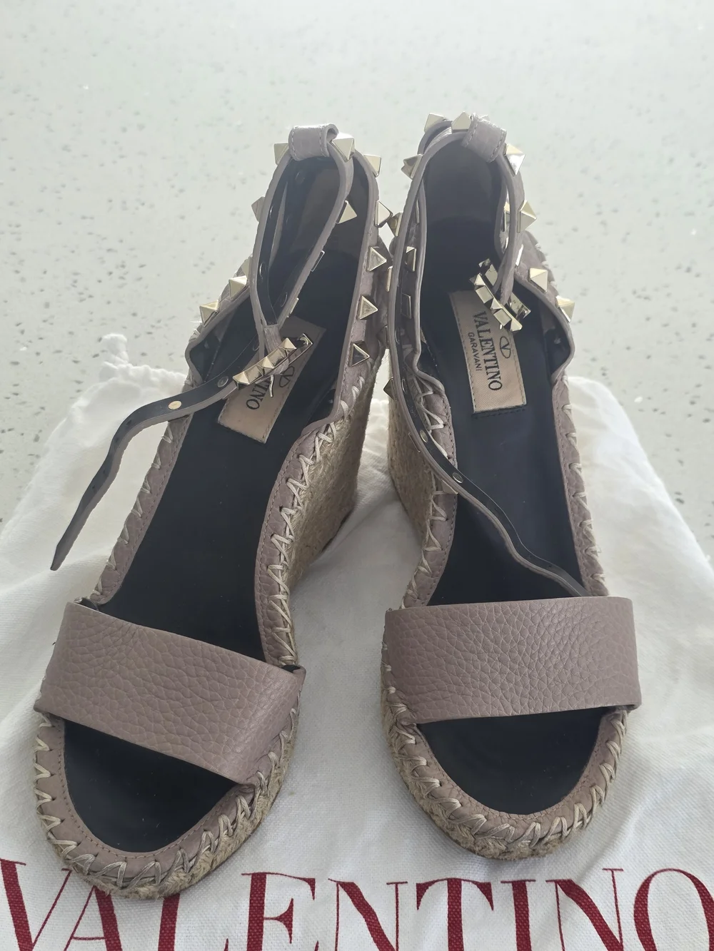 Valentino Rockstud Espadrille Wedge Sandals in Taupe